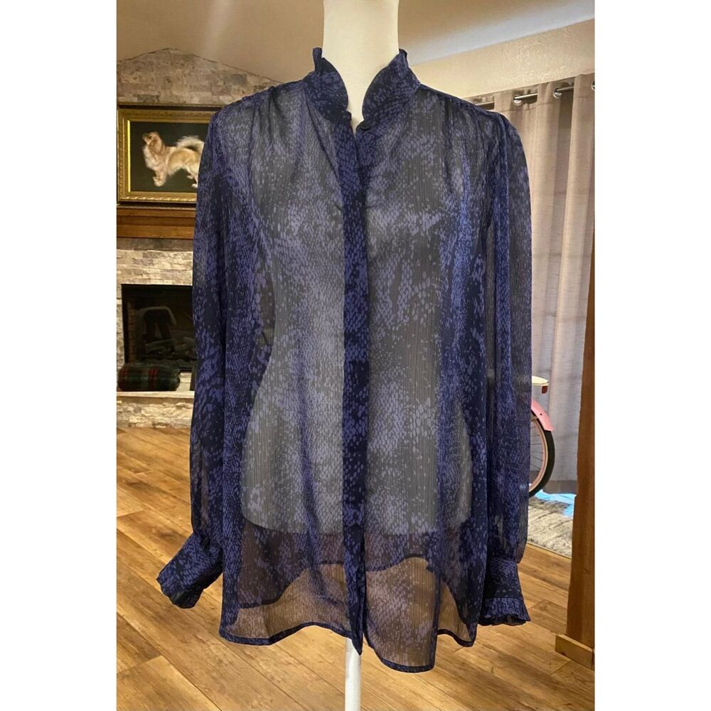 CHICO'S Long Sleeve Purple Snakeskin Print Sheer Button-Up Top Size 1 (8-10)